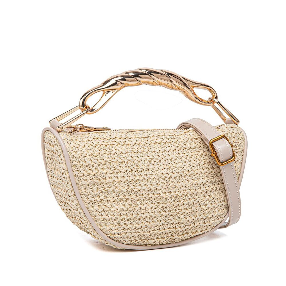 Neutral Straw Crossbody Bag with Gold Accent Handle